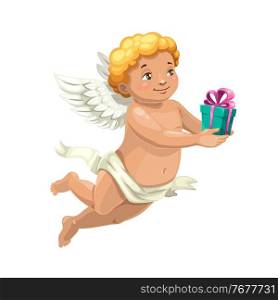 Cupid angel vector character with Valentine Day or wedding gift. Cute cartoon Amur or Cherub with angel wings carrying romantic holiday present box with pink ribbon and bow, greeting design. Cupid angel with Valentine Day or wedding gift