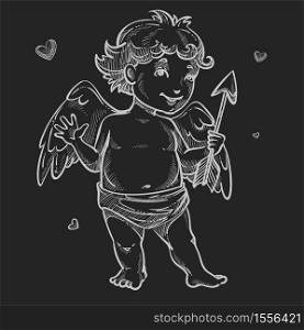 Cupid angel with wings and arrow Valentines day chalk sketch character boy in diapers love and affection symbol hearts mythical flying creature, with weapon holiday spirit matchmaker heaven baby. Angel with wings and arrow cupid chalk sketch Valentine day