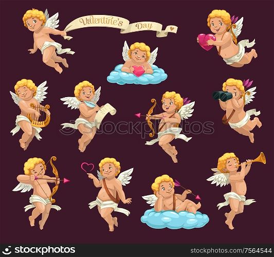 Cupid angels cartoon vector characters of Valentines Day holiday. Cartoon Amurs or cherubs flying with hearts, arrows and bows, love letter, harp and pipe, clouds, binoculars and vintage ribbon banner. Cupids with hearts and love arrows. Valentines Day