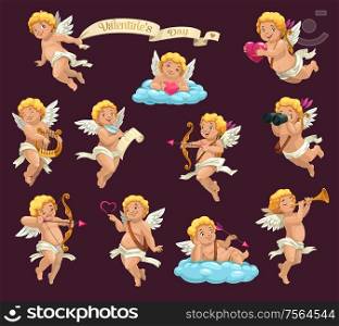 Cupid angels cartoon vector characters of Valentines Day holiday. Cartoon Amurs or cherubs flying with hearts, arrows and bows, love letter, harp and pipe, clouds, binoculars and vintage ribbon banner. Cupids with hearts and love arrows. Valentines Day