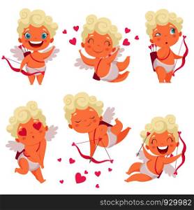 Cupid angels characters. Amur hunter baby eros greece romantic cute children with bow vector mascot poses. Angel love valentine, cherub character with bow and arrow illustration. Cupid angels characters. Amur hunter baby eros greece romantic cute children with bow vector mascot poses