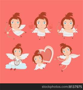 Cupid angels icons set - little boy with a bow and arrows. . Cupid angels icons set 
