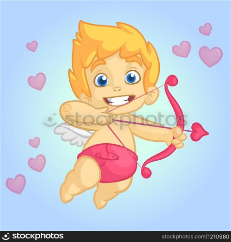 Cupid character with bow and arrow. Illustration of a Valentine&rsquo;s Day. Vector mascot. Isolated blue background