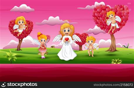 Cupid family cartoons in a pink garden