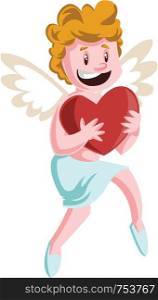 Cupid holding a big red heart vector illustration on white background.