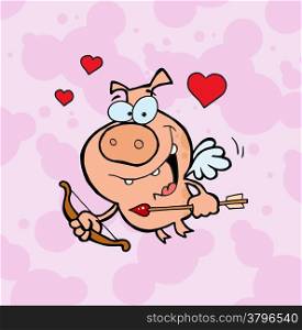 Cupid Pig With Flying With Hearts, A Bow And Arrow