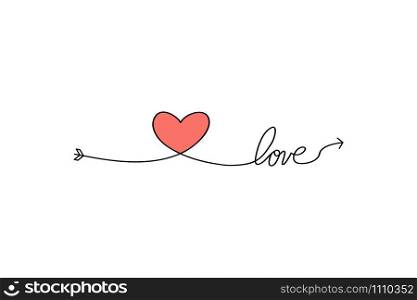 Cupid&rsquo;s arrow in the continuous drawing of lines in the form of a heart and the text love in a flat style. Continuous black line. Work flat design. Symbol of love and tenderness. Cupid s arrow in the continuous drawing of lines in the form of a heart and the text love in a flat style. Continuous black line. Work flat design. Symbol of love and tenderness.