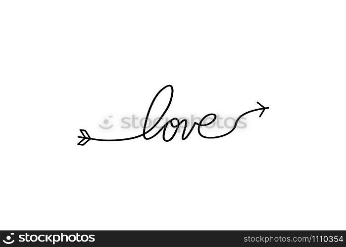 Cupid&rsquo;s arrow in the continuous drawing of lines in the form of a heart and the text love in a flat style. Continuous black line. Work flat design. Symbol of love and tenderness. Cupid&rsquo;s arrow in the continuous drawing of lines in the form of a heart and the text love in a flat style. Continuous black line. Work flat design. Symbol of love and tenderness.