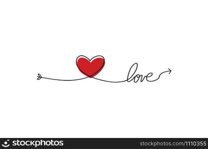 Cupid&rsquo;s arrow in the continuous drawing of lines in the form of a heart and the text love in a flat style. Continuous black line. Work flat design. Symbol of love and tenderness. Cupid s arrow in the continuous drawing of lines in the form of a heart and the text love in a flat style. Continuous black line. Work flat design. Symbol of love and tenderness.