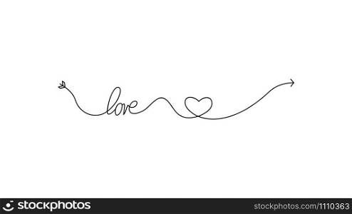 Cupid&rsquo;s arrow in the continuous drawing of lines in the shape of a heart and the text of love in a flat style. Continuous black line. Work flat design. Symbol of love and tenderness. Cupid&rsquo;s arrow in the continuous drawing of lines in the shape of a heart and the text of love in a flat style. Continuous black line. Work flat design. Symbol of love and tenderness.