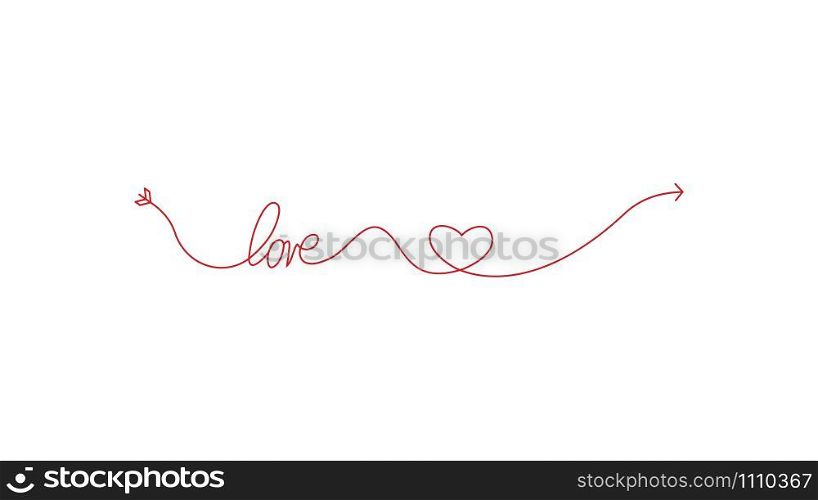 Cupid&rsquo;s arrow in the continuous drawing of lines in the shape of a heart and the text of love in a flat style. Continuous black line. Work flat design. Symbol of love and tenderness. Cupid&rsquo;s arrow in the continuous drawing of lines in the shape of a heart and the text of love in a flat style. Continuous black line. Work flat design. Symbol of love and tenderness.