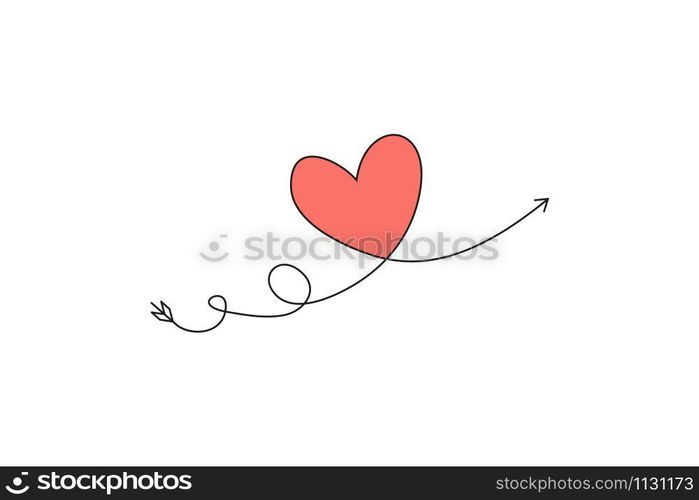 Cupid s arrow in the continuous drawing of lines in the form of a heart and the text love in a flat style. Continuous black line. Work flat design. Symbol of love and tenderness. Cupid s arrow in the continuous drawing of lines in the form of a heart and the text love in a flat style. Continuous black line. Work flat design. Symbol of love and tenderness.