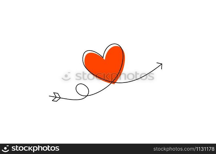 Cupid s arrow in the continuous drawing of lines in the form of a heart and the text love in a flat style. Continuous black line. Work flat design. Symbol of love and tenderness. Cupid s arrow in the continuous drawing of lines in the form of a heart and the text love in a flat style. Continuous black line. Work flat design. Symbol of love and tenderness.