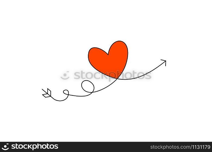 Cupid s arrow in the continuous drawing of lines in the form of a heart and the text love in a flat style. Continuous black line. Work flat design. Symbol of love and tenderness. Cupid s arrow in the continuous drawing of lines in the form of a heart and the text love in a flat style. Continuous black line. Work flat design. Symbol of love and tenderness.