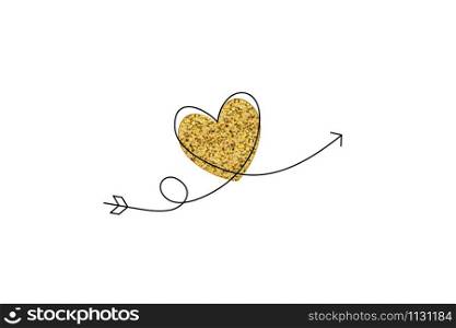 Cupid s arrow in the continuous drawing of lines in the form of a golden heart in a flat style. Continuous black line. Work flat design. Symbol of love and tenderness. Cupid s arrow in the continuous drawing of lines in the form of a golden heart in a flat style. Continuous black line. Work flat design. Symbol of love and tenderness.