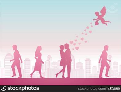 cupid send heart to man and woman to become couple with pink pastel color design,vector illustration