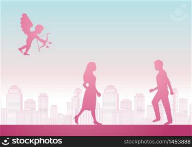 cupid shoot arrow to man and woman to become couple with pink pastel color design,vector illustration