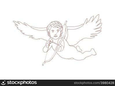 Cupid with bow and arrow. Little angel is aiming from the bow.