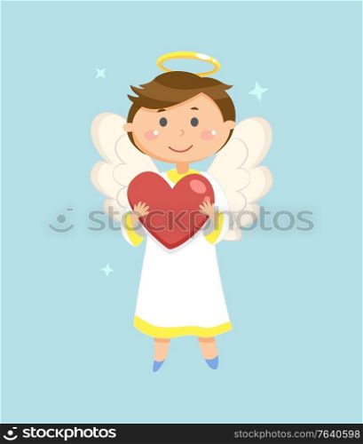 Cupid with heart, Valentines day symbol, angel boy vector. Halo and wings, love holiday celebration, heaven creature or match maker, child in dress. Angel with Heart, Valentines Day Symbol, Cupid