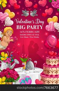 Cupid with Valentines Day hearts and gifts, party poster vector design. Loving couple with flower bouquets, chocolate cake and balloons, Amur angel with present box, ribbon, bow and wine glasses. Valentines Day party poster with Cupid and hearts