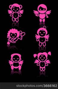 Cupids set, pink icons on black background