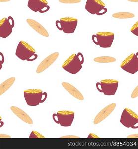Cups and saucers bright seamless pattern. Tea, tea shop, coffee. Wallpaper, wrapping paper fabric. Cups and saucers bright seamless pattern. Tea, tea shop, coffee. Wallpaper, wrapping paper