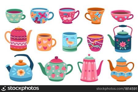 Cups and teapot. Scandinavian kitchen cup, trendy colored coffee mug kettles. Floral ornaments crockery, breakfast dishes exact vector set. Teapot and cup, kitchenware tea cartoon illustration. Cups and teapot. Scandinavian kitchen cup, trendy colored coffee mug kettles. Floral ornaments crockery, breakfast dishes exact vector set