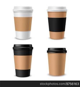 Cups coffee paper. Realistic takeaway cup with plastic cap, blank brown white and black container with lid for morning aroma latte mocha cappuccino hot drinks. Package mockup vector 3d isolated set. Cups coffee paper. Realistic takeaway cup with plastic cap, blank brown white and black container with lid for morning latte mocha cappuccino hot drinks. Package mockup vector isolated set