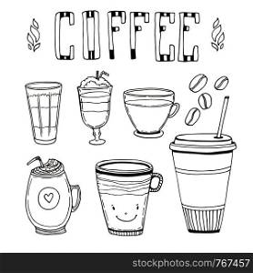 Cups for coffee hand drawn set. Drinks for menu decorations .. Cups for coffee hand drawn set. Drinks for menu decorations