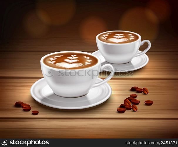 Cups of cappuccino coffee composition with hearts picture and coffee beans realistic vector illustration. Cups of Cappuccino Coffee Composition