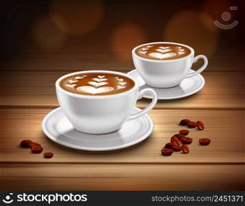 Cups of cappuccino coffee composition with hearts picture and coffee beans realistic vector illustration. Cups of Cappuccino Coffee Composition