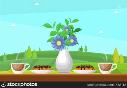 Cups of Tea on Table in Outdoor Nature Landscape Sky View Illustration
