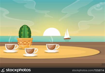 Cups of Tea on Table in Sea View Sunset Sailing Boat Illustration