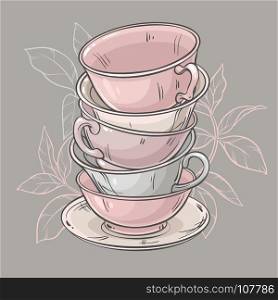 cups on grey background. vector illustration with cups of tea on grey background