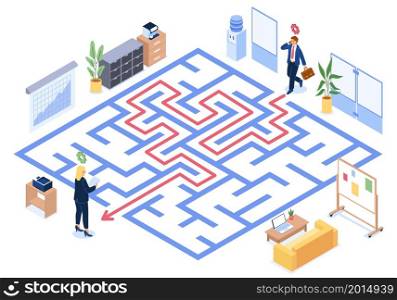Curator. Business instructor. Mentor supports office employee to pass maze. Employees search way in labyrinth. Professional development. Mentorship and training courses for businessmen. Vector concept. Curator. Business instructor. Mentor supports employee to pass maze. Employees search way in labyrinth. Professional development. Mentorship and courses for businessmen. Vector concept