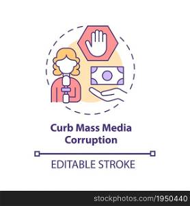 Curb mass media corruption concept icon. Fake news abstract idea thin line illustration. Bribery and lying propaganda on TV. Corrupted newspaper. Vector isolated outline color drawing. Editable stroke. Curb mass media corruption concept icon