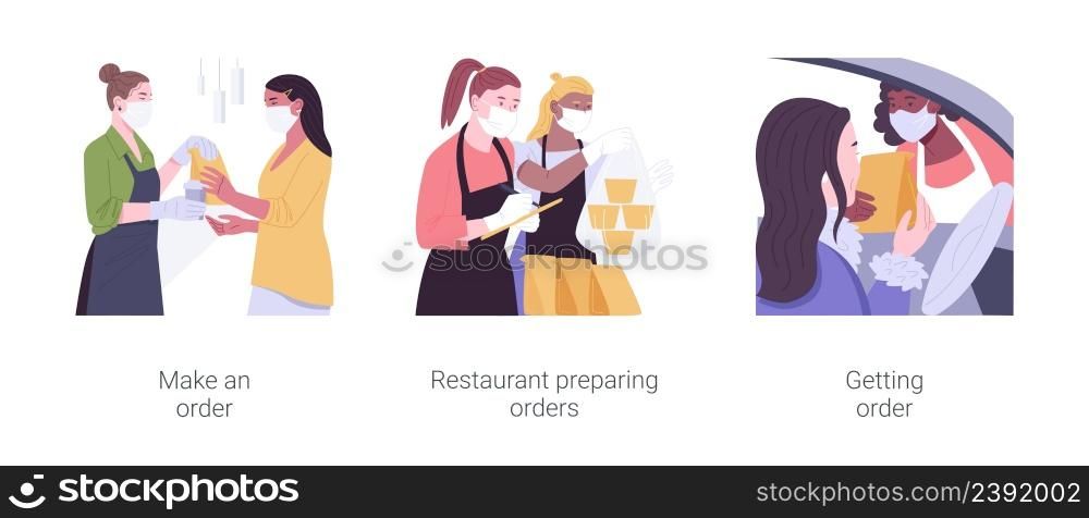 Curbside pickup at a restaurant isolated cartoon vector illustration set. Making order at a restaurant outdoor, worker pack food in bags, prepare takeway meal, take out service vector cartoon.. Curbside pickup at a restaurant isolated cartoon vector illustrations set.