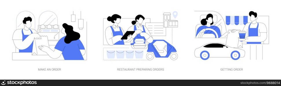 Curbside pickup at a restaurant isolated cartoon vector illustrations set. Making order at a restaurant outdoor, worker pack food in bags, prepare takeway meal, take out service vector cartoon.. Curbside pickup at a restaurant isolated cartoon vector illustrations se
