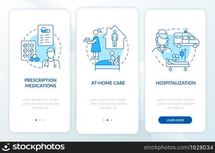 Curing pneumonia onboarding mobile app page screen. At home and hospital care walkthrough 3 steps graphic instructions with concepts. UI, UX, GUI vector template with linear color illustrations. Curing pneumonia onboarding mobile app page screen