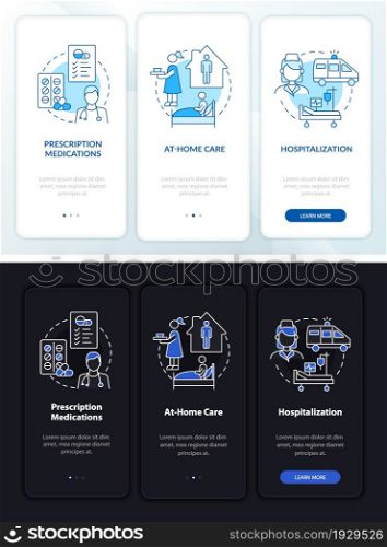 Curing pneumonia onboarding mobile app page screen. At home care walkthrough 3 steps graphic instructions with concepts. UI, UX, GUI vector template with linear night and day mode illustrations. Curing pneumonia onboarding mobile app page screen