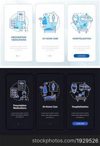 Curing pneumonia onboarding mobile app page screen. At home care walkthrough 3 steps graphic instructions with concepts. UI, UX, GUI vector template with linear night and day mode illustrations. Curing pneumonia onboarding mobile app page screen