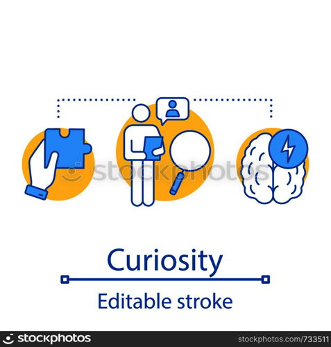 Curiosity concept icon. Solution searching idea thin line illustration. Problem solving. Brainstorm. Vector isolated outline drawing. Editable stroke. Curiosity concept icon