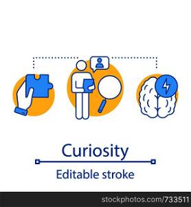 Curiosity concept icon. Solution searching idea thin line illustration. Problem solving. Brainstorm. Vector isolated outline drawing. Editable stroke. Curiosity concept icon