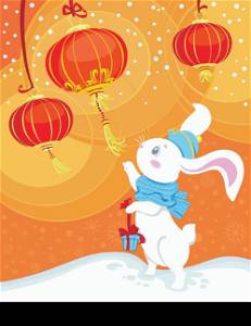 Curiosity white rabbit and Chinese lanterns