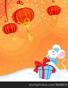 Curiosity White Rat or Mause and Chinese lanterns. New Year card