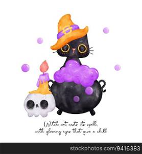 Curious Black Cat in Witch Hat Sitting on Bubbling Cauldron, Halloween Watercolor Illustration