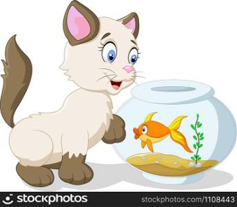 Curious cat with swimming fish isolated on white background