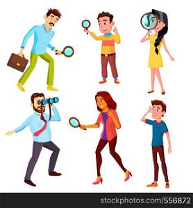 Curious Characters Looking Information Set Vector. Woman And Man Searching Through A Magnifying Glass, Male Watching In Binocular And Boy Looking Into Distance. Flat Cartoon Illustration. Curious Characters Looking Information Set Vector