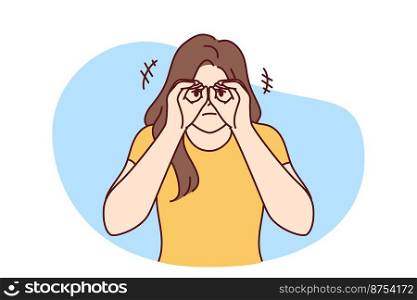 Curious woman looking at screen using hands instead of binoculars wants to know someone else secret. Focused lady raises palms to eyes to get closer look at distant object.. Flat vector image . Curious woman using hands instead of binoculars wants to know someone else secret. Vector image