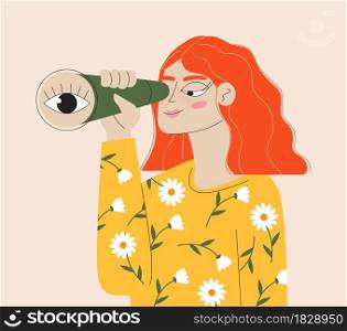 Curious woman looks through spyglass, monocular. Business metaphor concept vector for UI. Online search, catalog folder optimization. Research, investigation data, web surfing illustration for app.. Curious woman looks through spyglass, monocular. Business metaphor concept vector for UI.